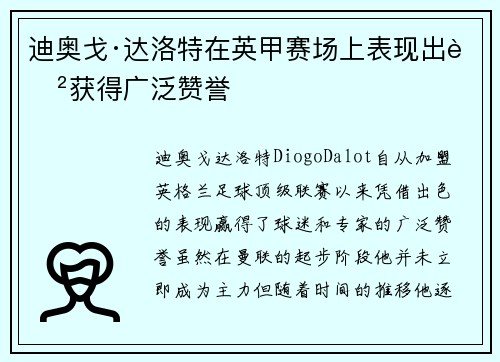 迪奥戈·达洛特在英甲赛场上表现出色获得广泛赞誉