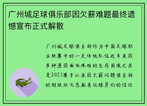 广州城足球俱乐部因欠薪难题最终遗憾宣布正式解散